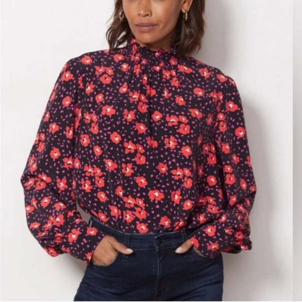 Sanctuary top ruffled‎ Neck Smocked Cuffs red black Medium Long Sleeve Blouse